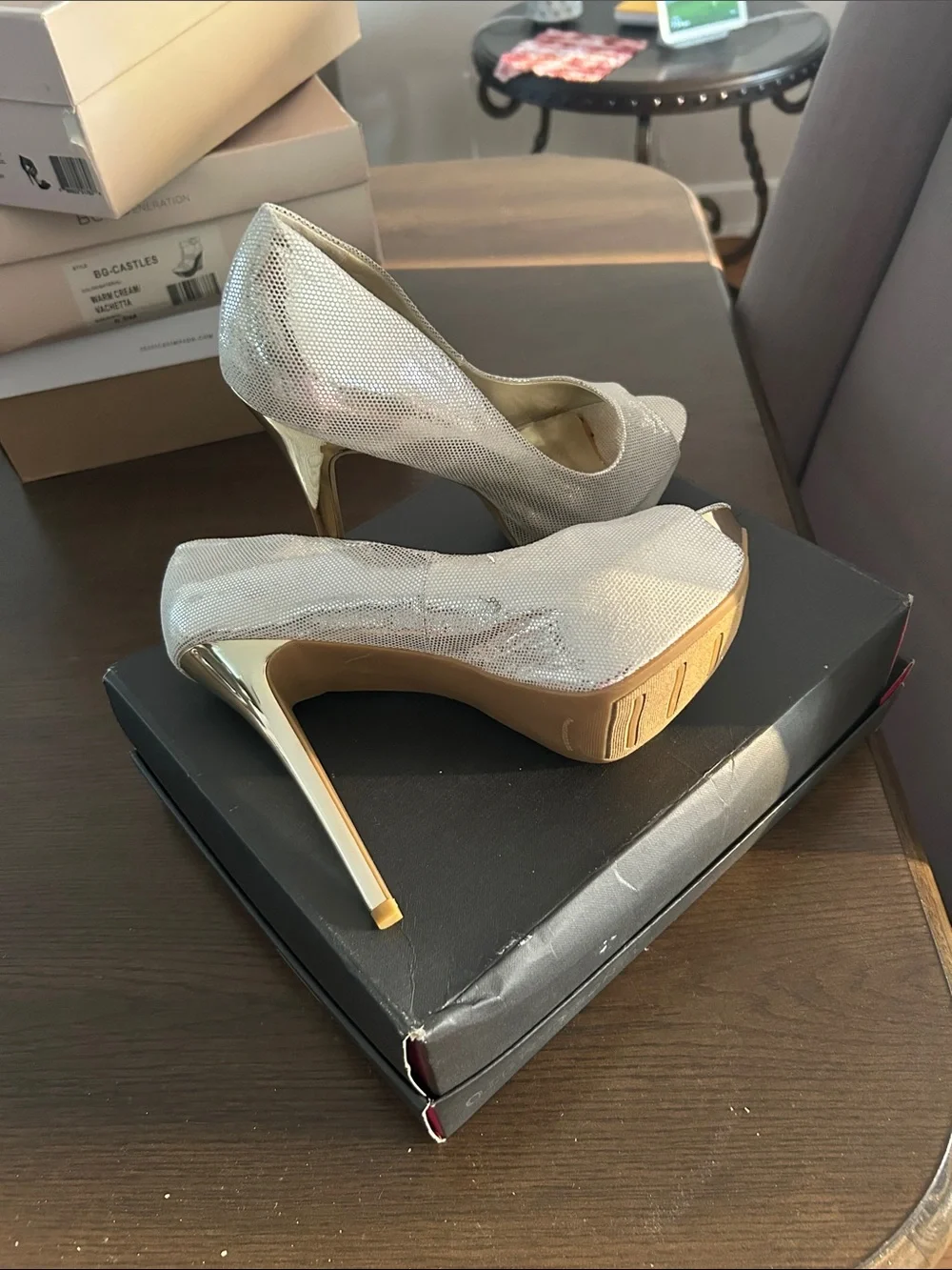 Carlos Santana Silver Metallic Peep-Toe Stilettos